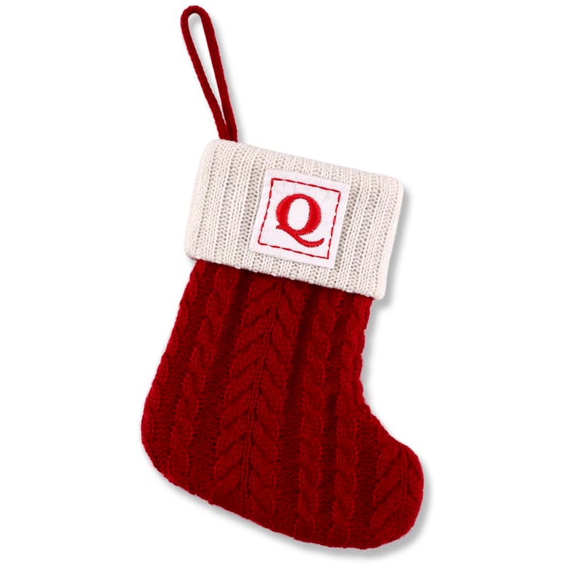 OJCHRLKF 8 Inches Mini Initial Monogram Embroidered Christmas Stocking Knitted Christmas Decorations Stocking Red,White,Green Knit Cute Christmas Stocking-Red-Q-60 - Image 1